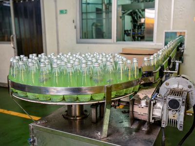 Línea de producción de bebidas con botellas en transportador industrial en planta de manufactura